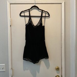 Guess Black Lace-Trim Velvet Romper